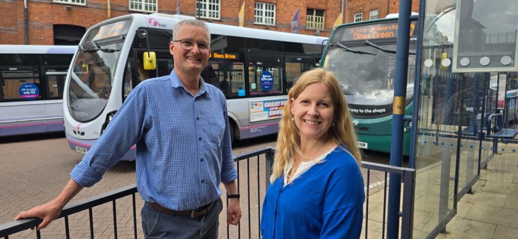 Cllrs Karen Lewing and Lousi Stephen at Worcester Bus station